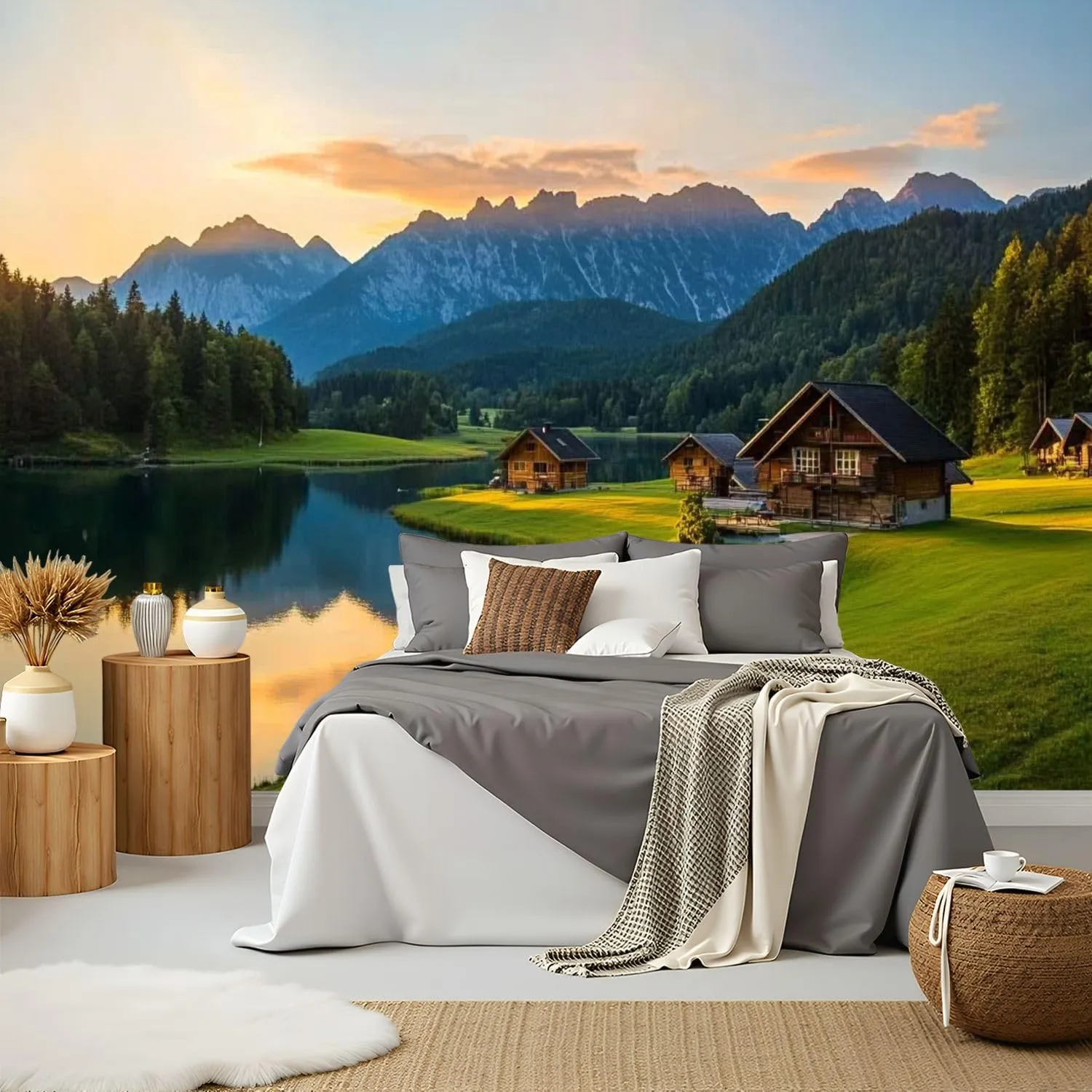 Wall Mural Magic Sunrise Alpine Lake Geroldsee View to Mount Karwendel Garmisch Peel and Stick Wallpaper Removable Self-Adhesive Wall Sticker Wall Decor for Bedroom Living Room Decor 100"x144"