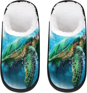 Watercolor Sea Turtle House Slippers, Soft, Comfortable Lining, Polyester, Slip-On, Round Toe, Patterned Animal Print, Adult, Unisex, Homeowners, Comfort Seekers
