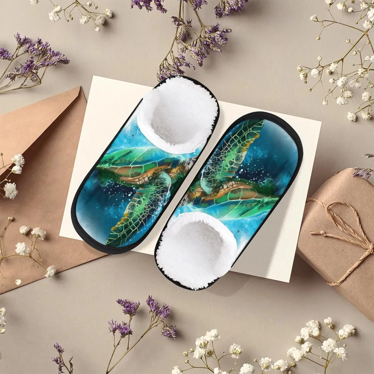 Watercolor Sea Turtle House Slippers, Soft, Comfortable Lining, Polyester, Slip-On, Round Toe, Patterned Animal Print, Adult, Unisex, Homeowners, Comfort Seekers