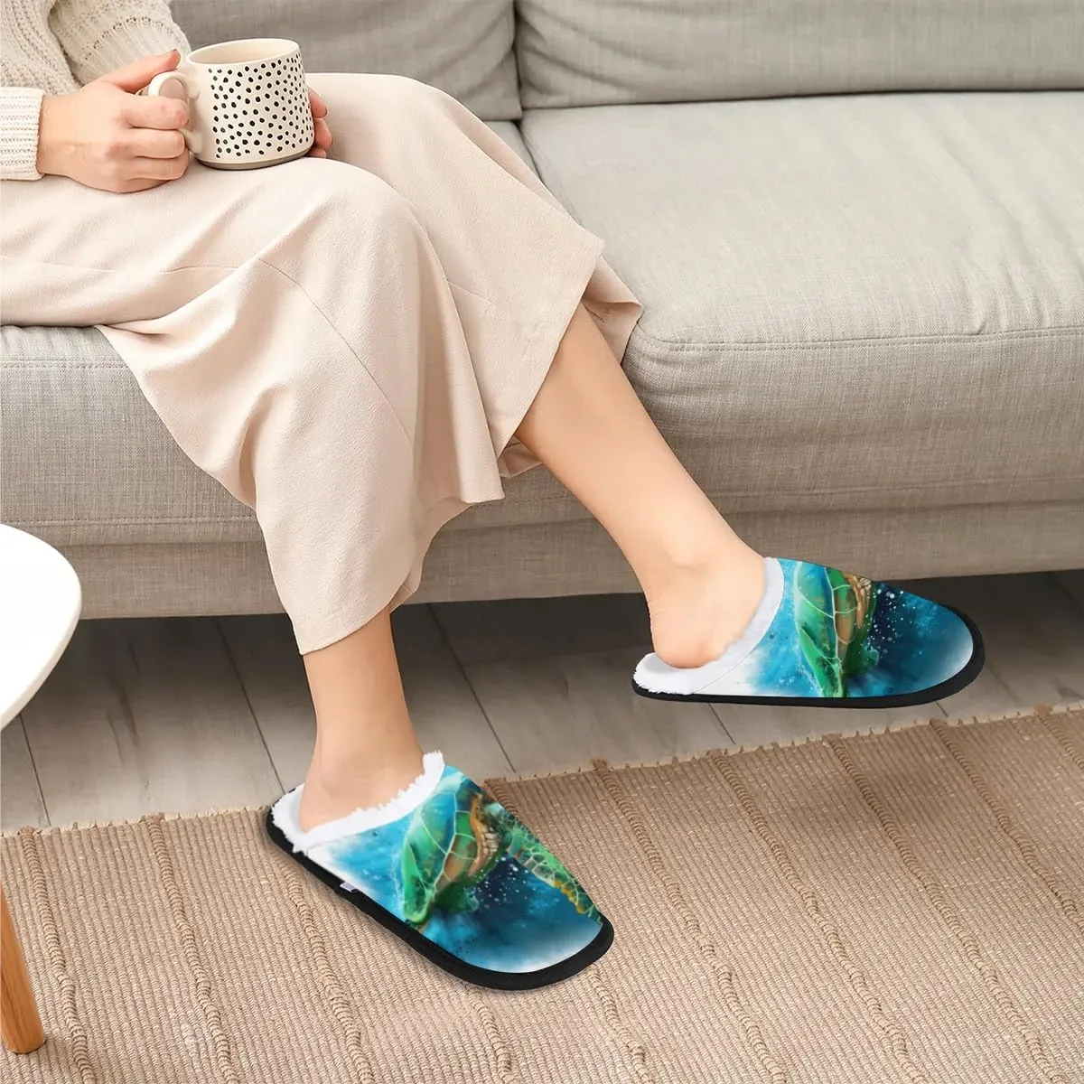 Watercolor Sea Turtle House Slippers, Soft, Comfortable Lining, Polyester, Slip-On, Round Toe, Patterned Animal Print, Adult, Unisex, Homeowners, Comfort Seekers