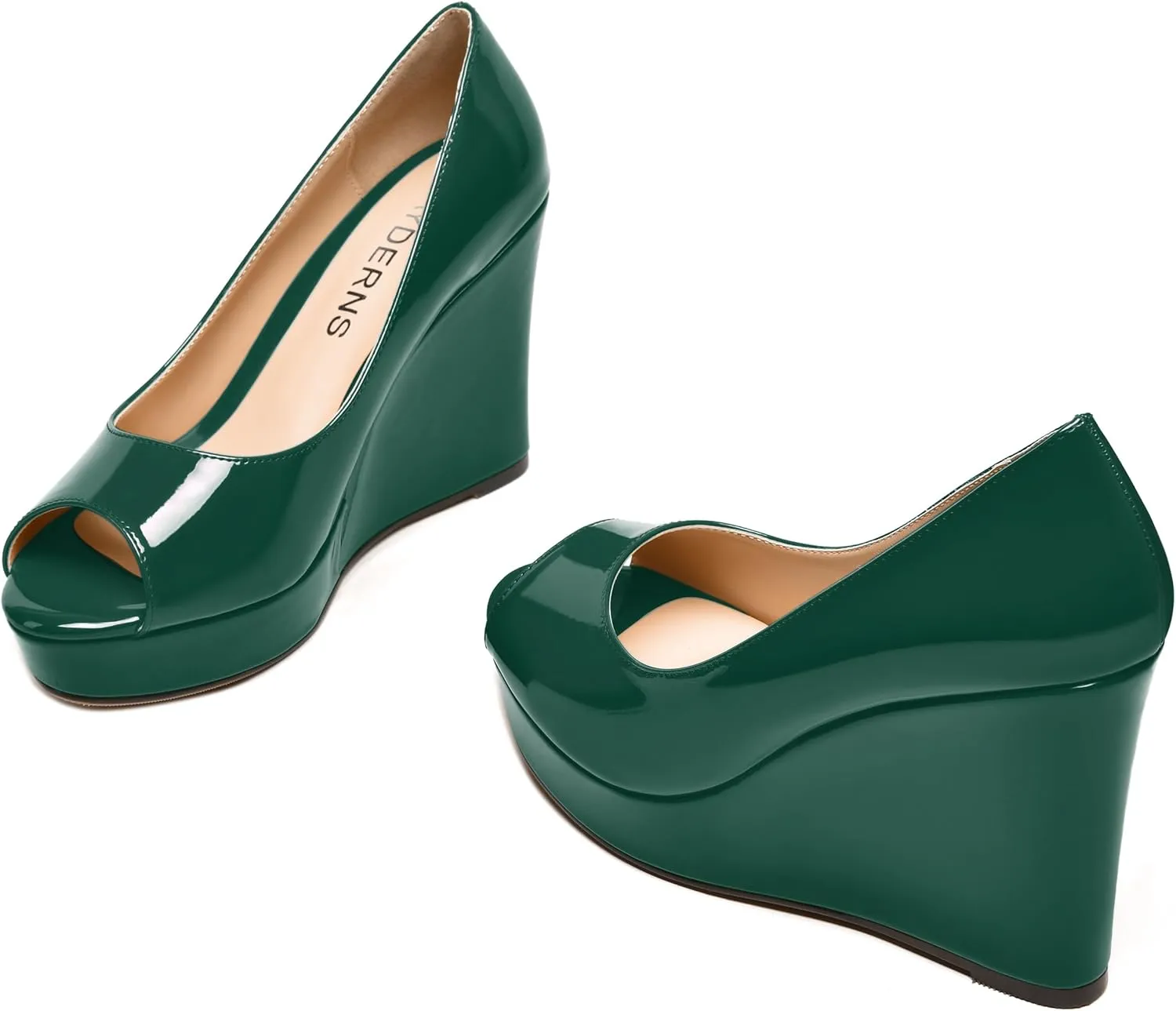 WAYDERNS Womens Slip On Patent Peep Toe Solid Wedding Dress Wedge High Heel Pumps Shoes 4 Inch Platform