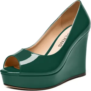WAYDERNS Womens Slip On Patent Peep Toe Solid Wedding Dress Wedge High Heel Pumps Shoes 4 Inch Platform