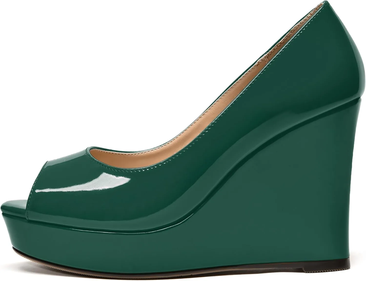 WAYDERNS Womens Slip On Patent Peep Toe Solid Wedding Dress Wedge High Heel Pumps Shoes 4 Inch Platform