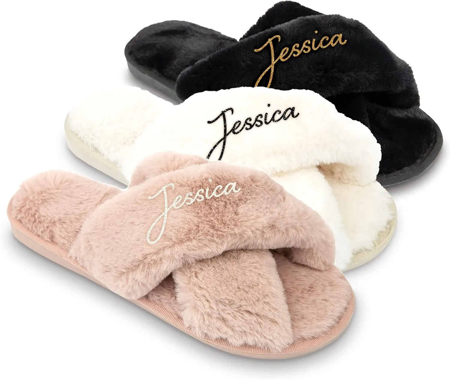 WEDDINGSTAR Black Custom Printed Plush Crossband Slide House Slippers