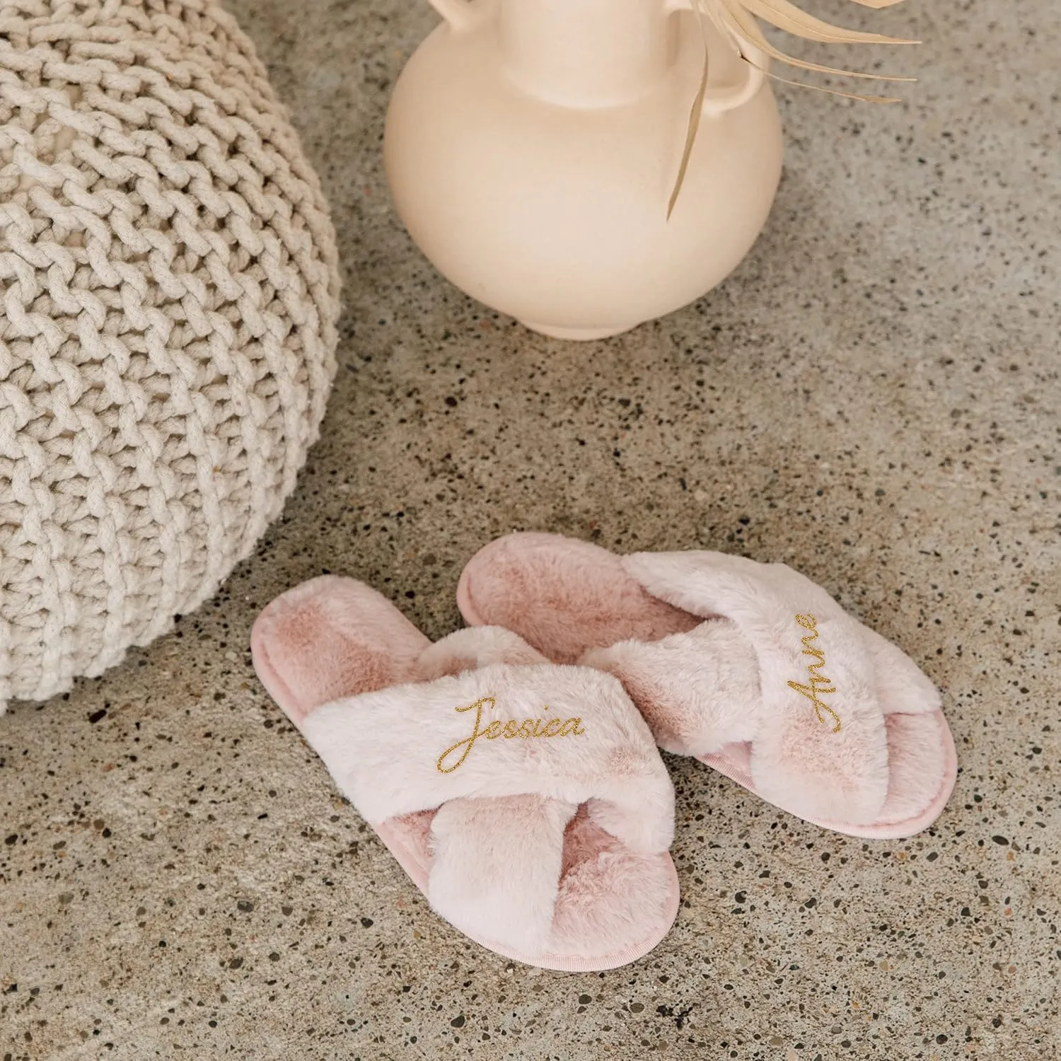 WEDDINGSTAR Black Custom Printed Plush Crossband Slide House Slippers