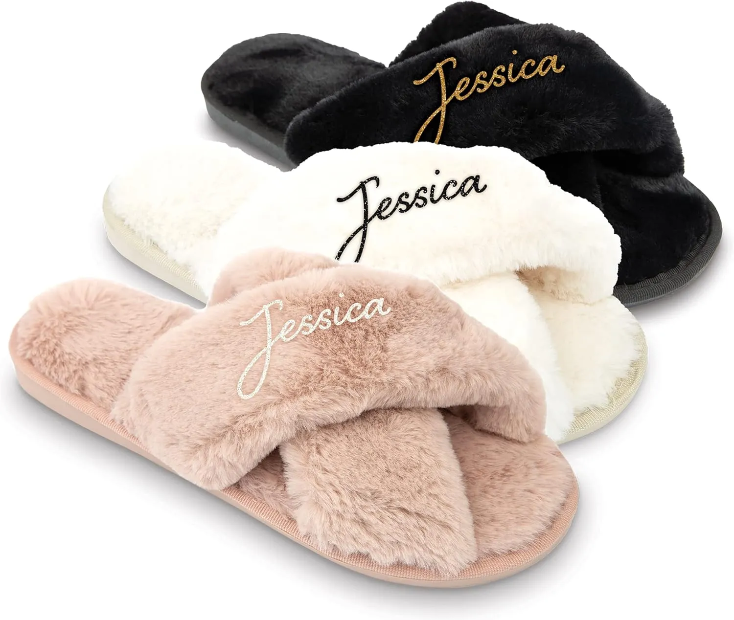 WEDDINGSTAR Black Custom Printed Plush Crossband Slide House Slippers