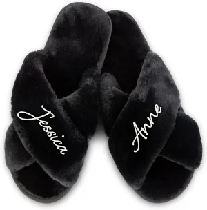 WEDDINGSTAR Black Custom Printed Plush Crossband Slide House Slippers