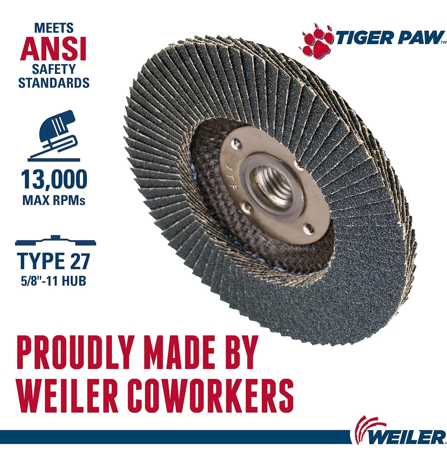 Weiler 51114 4-1/2" Tiger Paw Abrasive Flap Disc, Flat (Ty27), Phenolic Backing, 60Z, 5/8"-11 Unc Nut (Pack of 10)