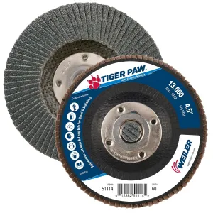 Weiler 51114 4-1/2" Tiger Paw Abrasive Flap Disc, Flat (Ty27), Phenolic Backing, 60Z, 5/8"-11 Unc Nut (Pack of 10)