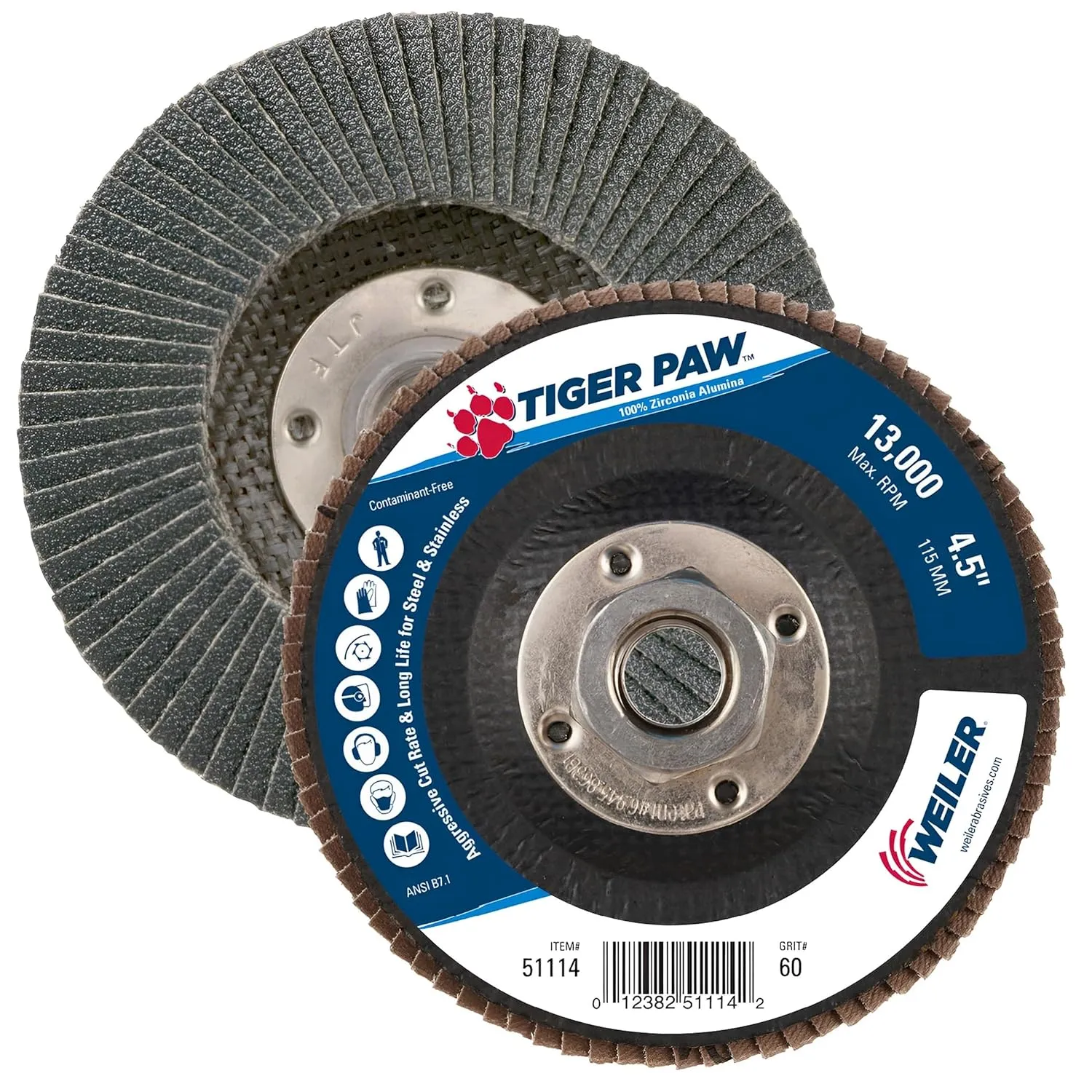 Weiler 51114 4-1/2" Tiger Paw Abrasive Flap Disc, Flat (Ty27), Phenolic Backing, 60Z, 5/8"-11 Unc Nut (Pack of 10)