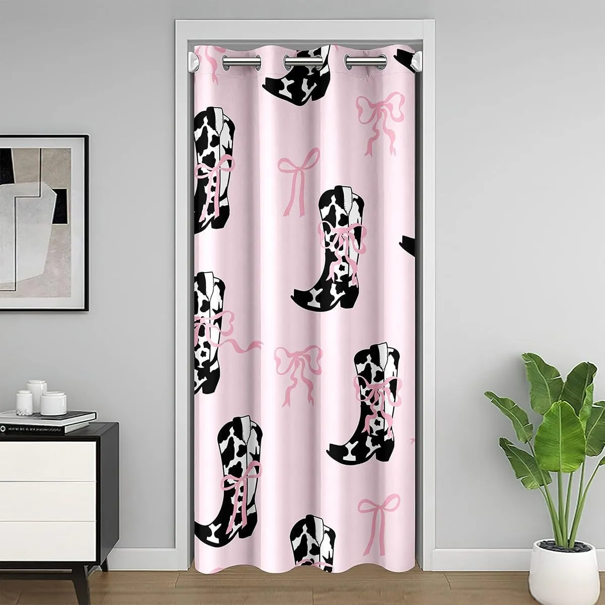 Western Cowgirl Doorway Curtain,Rustic Cowhide Print Boots Tribal Pink Door Cover Curtain,Pink Bowknot Princess Style Bow Blackout Door Curtains for Bedroom, 84"×42" 1 Panel