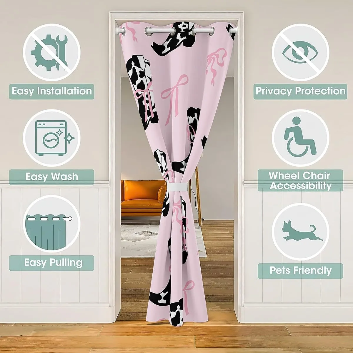 Western Cowgirl Doorway Curtain,Rustic Cowhide Print Boots Tribal Pink Door Cover Curtain,Pink Bowknot Princess Style Bow Blackout Door Curtains for Bedroom, 84"×42" 1 Panel