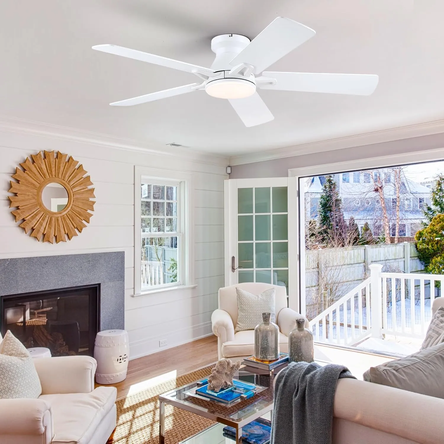 White Ceiling Fan with Lights - 52" Flush Mount Ceiling Fan with Remote and Dimmable LED Light, 5 Dual-Sided Blades, 3CCT 6 Speeds, Modern Low Profile Ceiling Fan for Indoor and Outdoor Patios