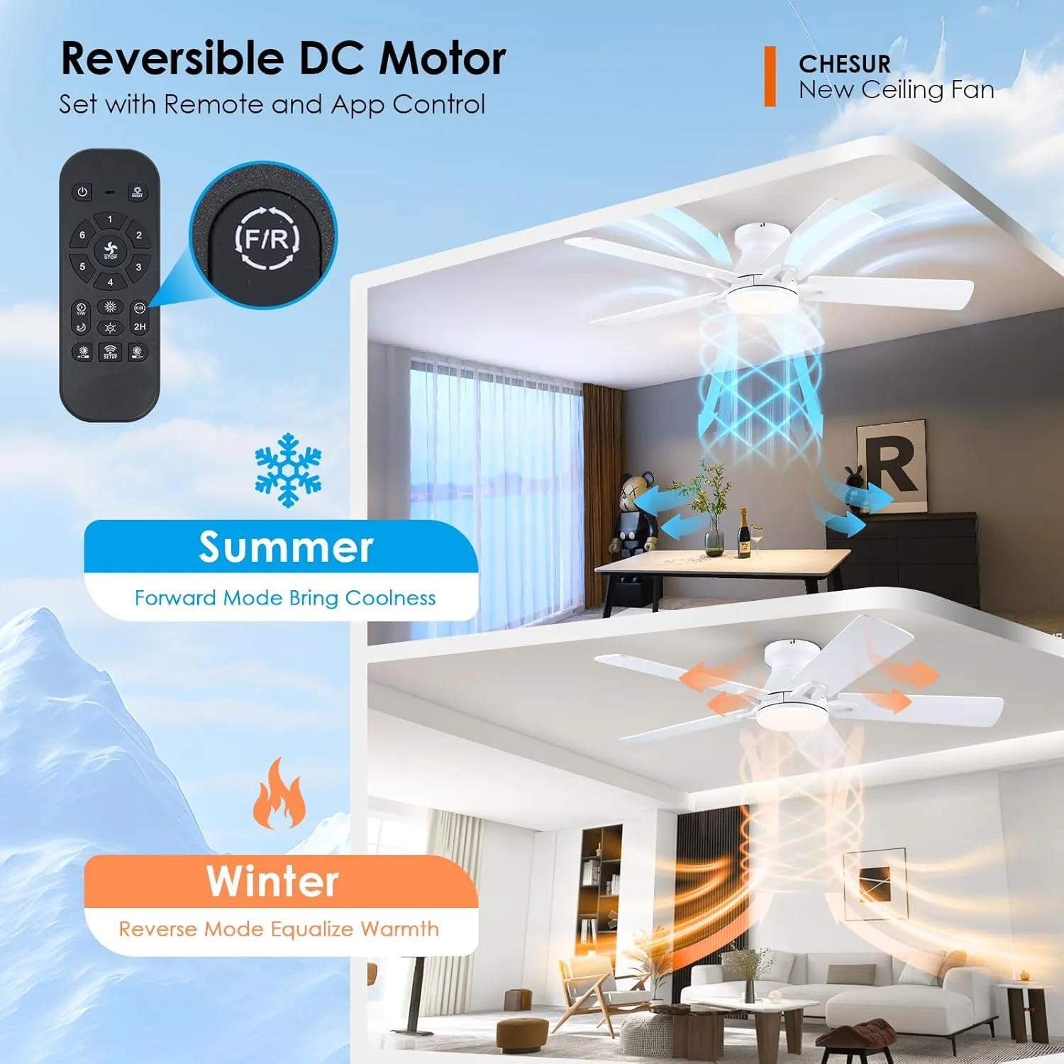 White Ceiling Fan with Lights - 52" Flush Mount Ceiling Fan with Remote and Dimmable LED Light, 5 Dual-Sided Blades, 3CCT 6 Speeds, Modern Low Profile Ceiling Fan for Indoor and Outdoor Patios