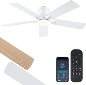 White Ceiling Fan with Lights - 52" Flush Mount Ceiling Fan with Remote and Dimmable LED Light, 5 Dual-Sided Blades, 3CCT 6 Speeds, Modern Low Profile Ceiling Fan for Indoor and Outdoor Patios