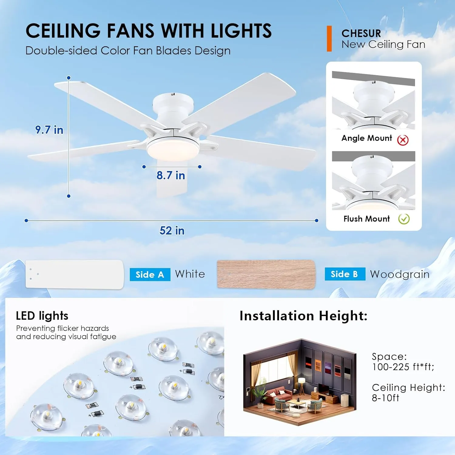White Ceiling Fan with Lights - 52" Flush Mount Ceiling Fan with Remote and Dimmable LED Light, 5 Dual-Sided Blades, 3CCT 6 Speeds, Modern Low Profile Ceiling Fan for Indoor and Outdoor Patios