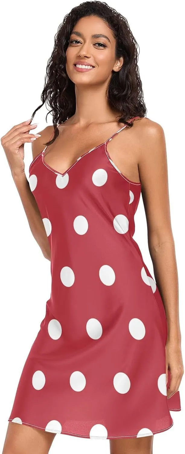 White Polka Dots on Red Slip Dress for Women, Spaghetti Strap Nightgown, Sleeveless Night Shirts for Woman, S