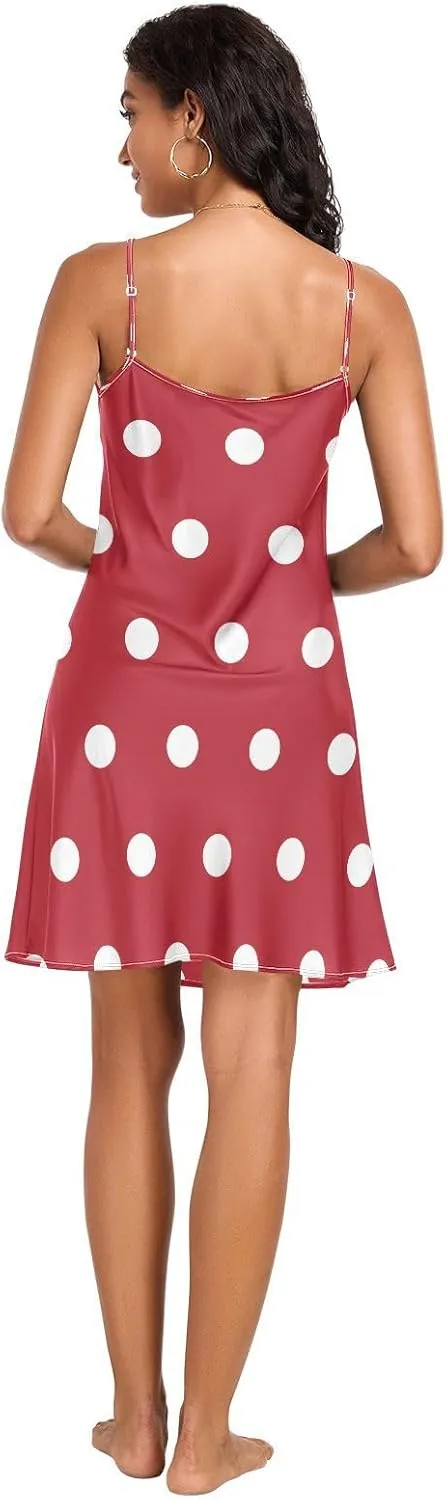 White Polka Dots on Red Slip Dress for Women, Spaghetti Strap Nightgown, Sleeveless Night Shirts for Woman, S