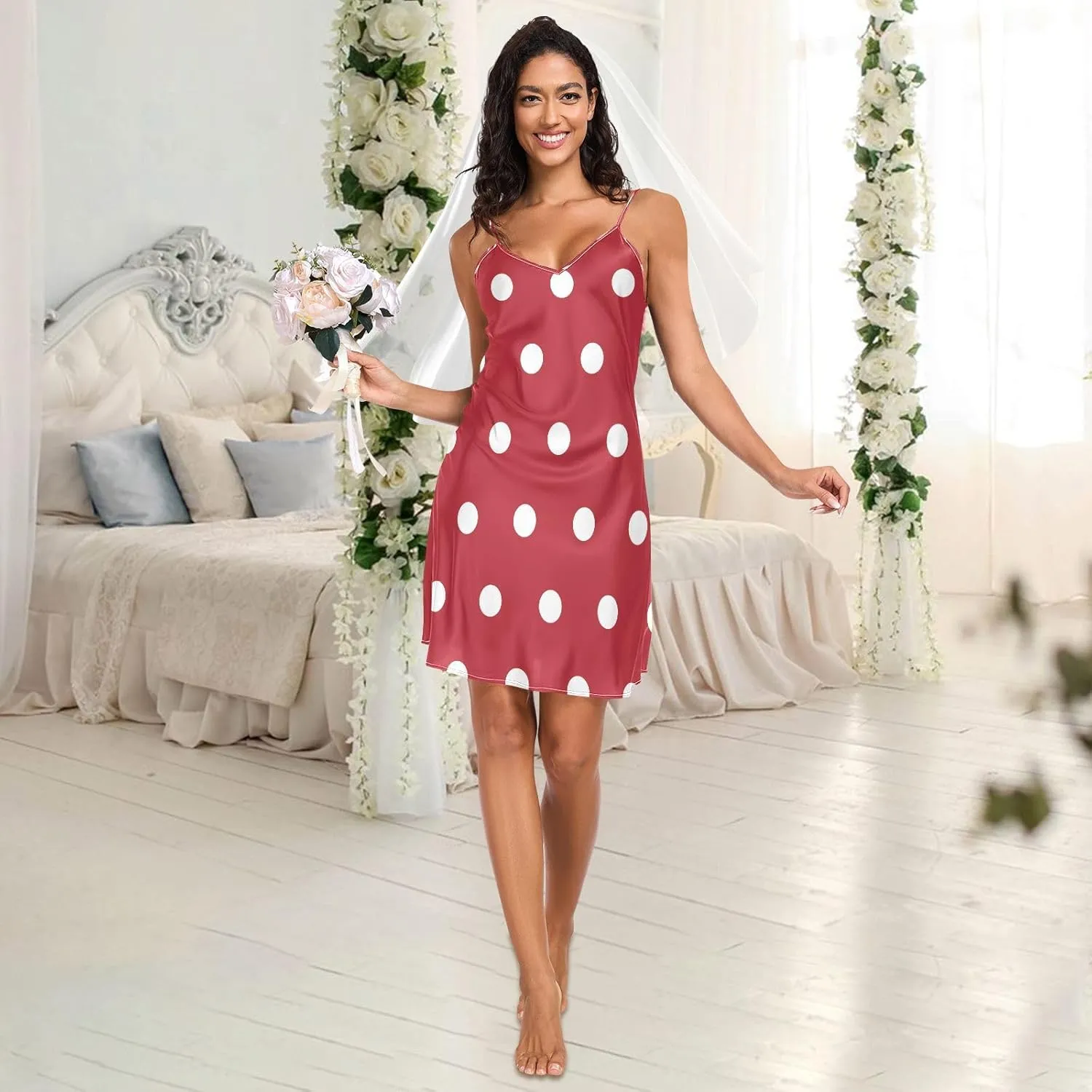White Polka Dots on Red Slip Dress for Women, Spaghetti Strap Nightgown, Sleeveless Night Shirts for Woman, S