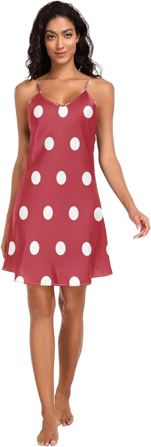 White Polka Dots on Red Slip Dress for Women, Spaghetti Strap Nightgown, Sleeveless Night Shirts for Woman, S