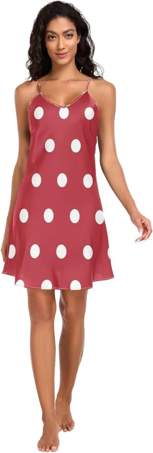 White Polka Dots on Red Slip Dress for Women, Spaghetti Strap Nightgown, Sleeveless Night Shirts for Woman, S