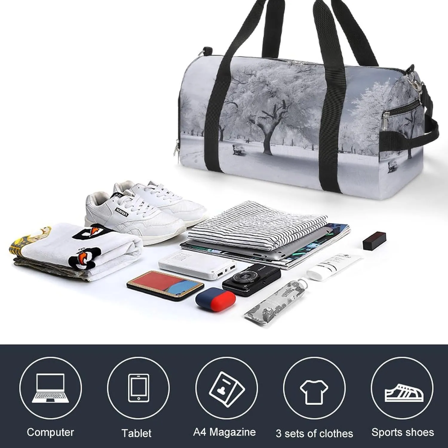 White Snow Tree Sports Gym Bag Carry on Holdalls for Men Small Duffel Bags for Women with Shoe Compartment
