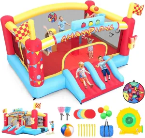 WHUBEFY Bounce House, Large Inflatable Obstacle Bouncy House with Big Jumping Area for Kids 3-12, Double Basketball Hoops & Bouncer Slides, Ball Pits, Throw Ball Game, Jump House 550W Blower Included