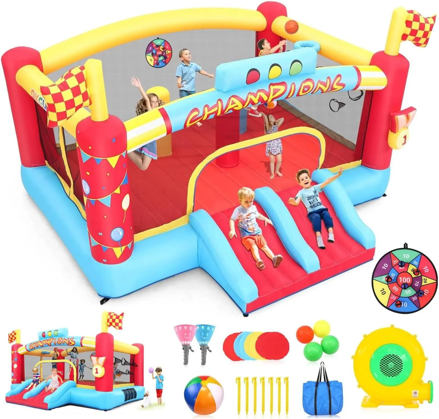 WHUBEFY Bounce House, Large Inflatable Obstacle Bouncy House with Big Jumping Area for Kids 3-12, Double Basketball Hoops & Bouncer Slides, Ball Pits, Throw Ball Game, Jump House 550W Blower Included