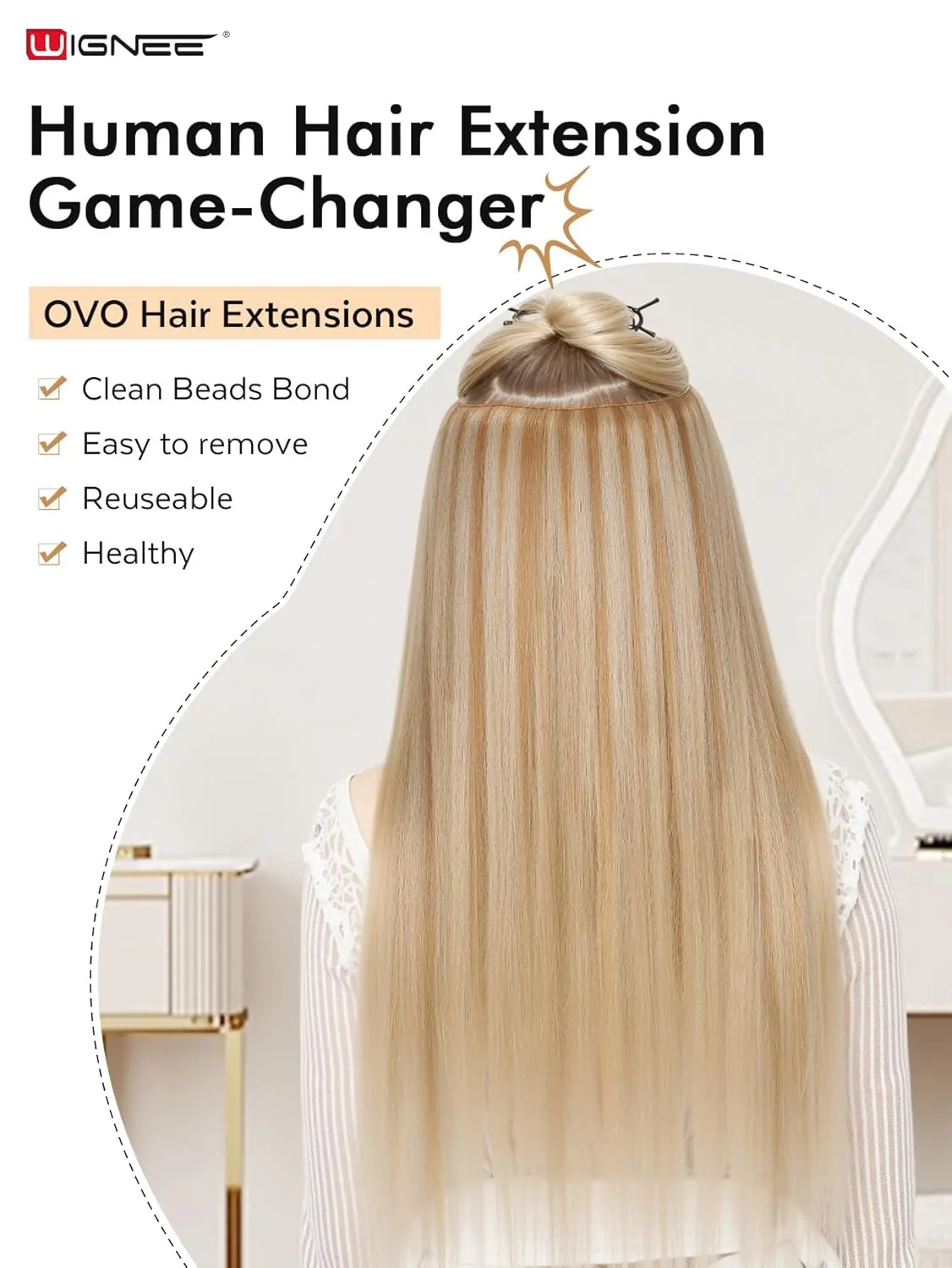 WIGNEE 100% Remy Double Genius Weft Invisible PU OVO Human Hair Extensions 18 Inch Micro Beads Real Human Hair Extensions Highlight Blonde Weft Hair Extensions Human Hair Glueless (18/613)