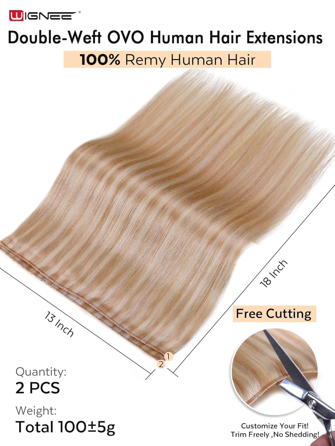 WIGNEE 100% Remy Double Genius Weft Invisible PU OVO Human Hair Extensions 18 Inch Micro Beads Real Human Hair Extensions Highlight Blonde Weft Hair Extensions Human Hair Glueless (18/613)