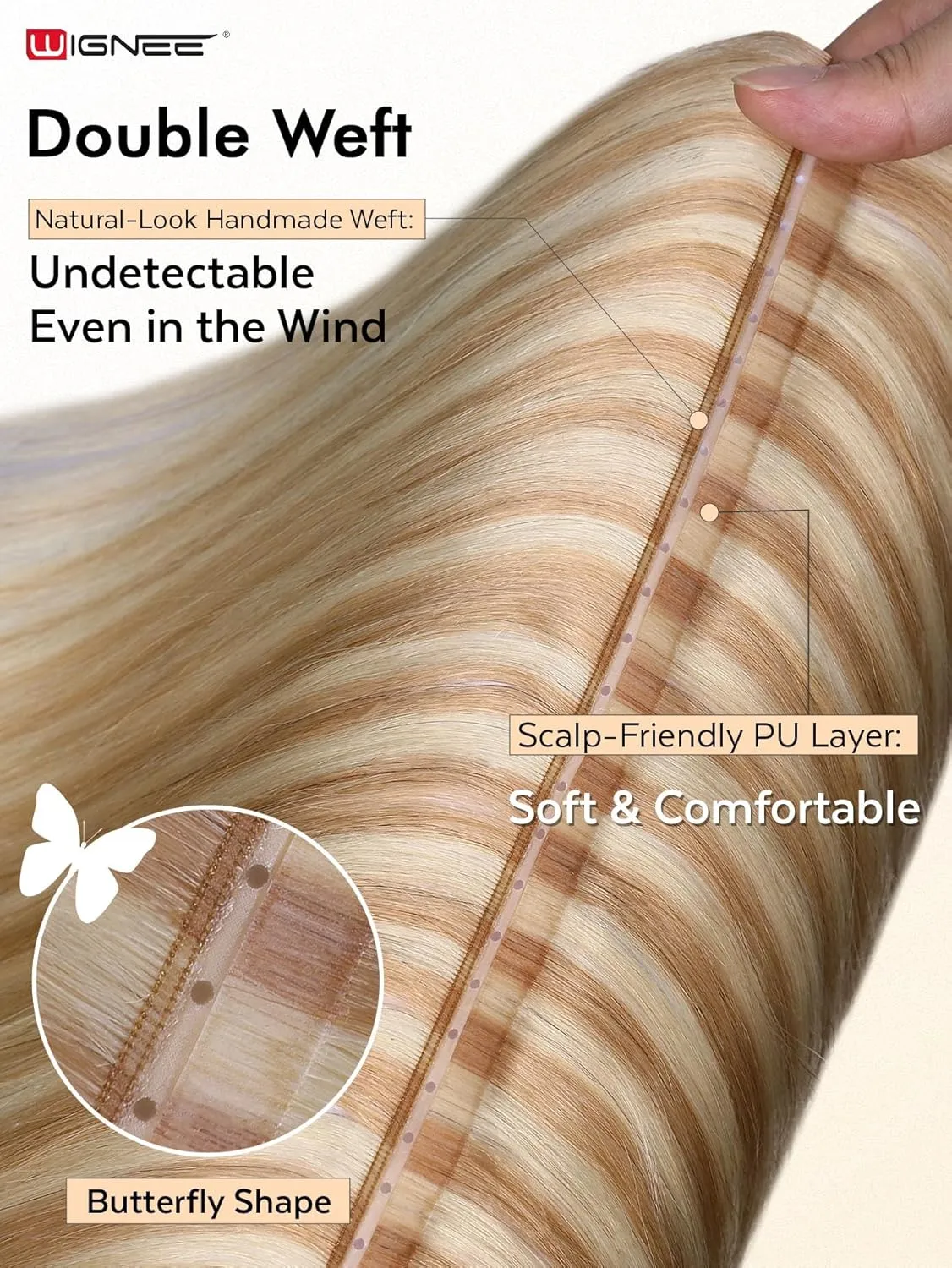 WIGNEE 100% Remy Double Genius Weft Invisible PU OVO Human Hair Extensions 18 Inch Micro Beads Real Human Hair Extensions Highlight Blonde Weft Hair Extensions Human Hair Glueless (18/613)