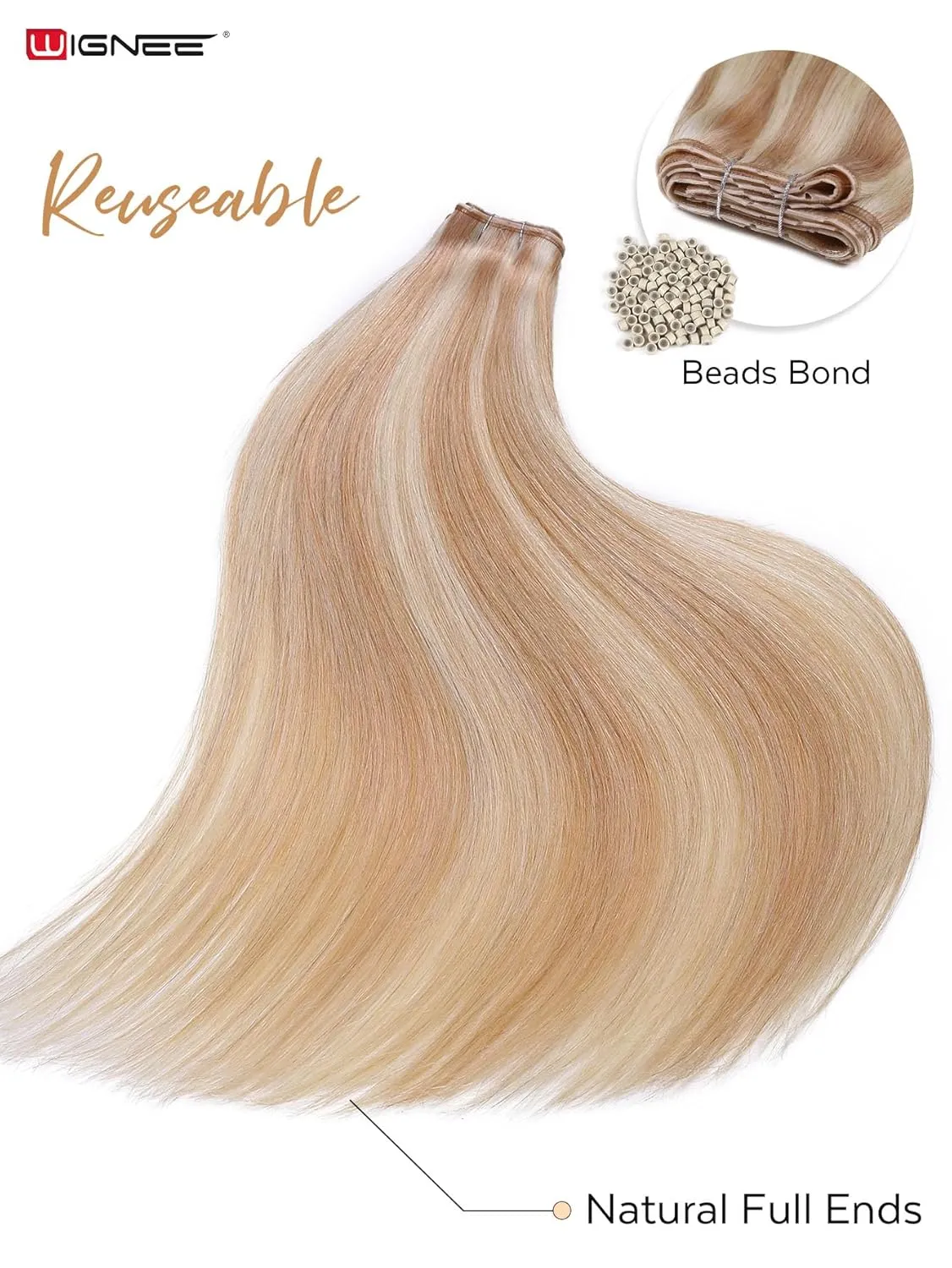 WIGNEE 100% Remy Double Genius Weft Invisible PU OVO Human Hair Extensions 18 Inch Micro Beads Real Human Hair Extensions Highlight Blonde Weft Hair Extensions Human Hair Glueless (18/613)