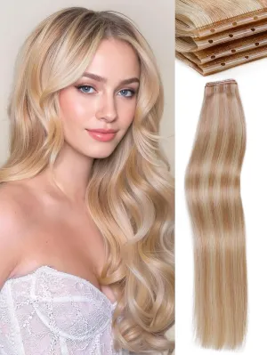 WIGNEE 100% Remy Double Genius Weft Invisible PU OVO Human Hair Extensions 18 Inch Micro Beads Real Human Hair Extensions Highlight Blonde Weft Hair Extensions Human Hair Glueless (18/613)