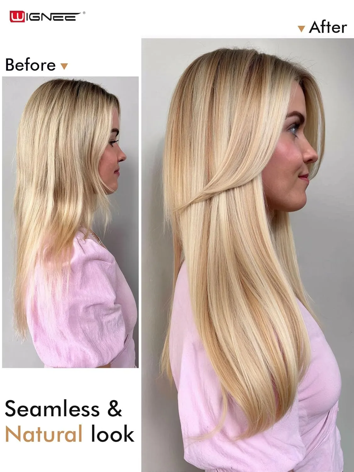 WIGNEE 100% Remy Double Genius Weft Invisible PU OVO Human Hair Extensions 18 Inch Micro Beads Real Human Hair Extensions Highlight Blonde Weft Hair Extensions Human Hair Glueless (18/613)