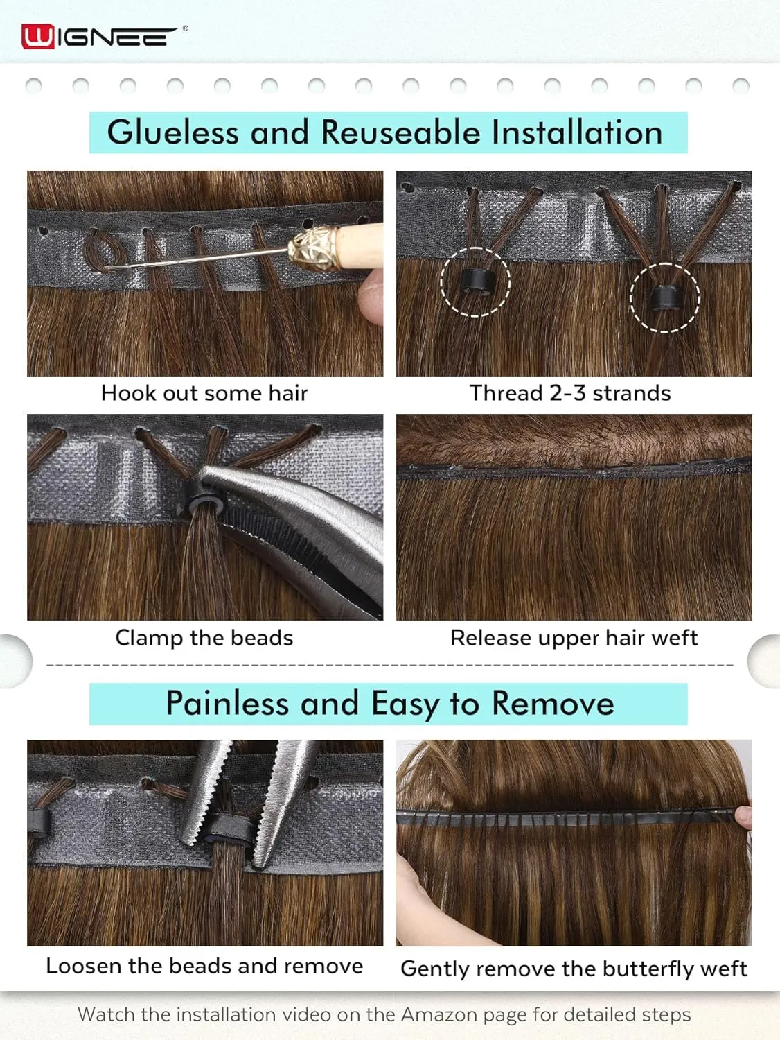 WIGNEE 100% Remy Double Genius Weft Invisible PU OVO Human Hair Extensions 18 Inch Micro Beads Real Human Hair Extensions Highlight Blonde Weft Hair Extensions Human Hair Glueless (18/613)