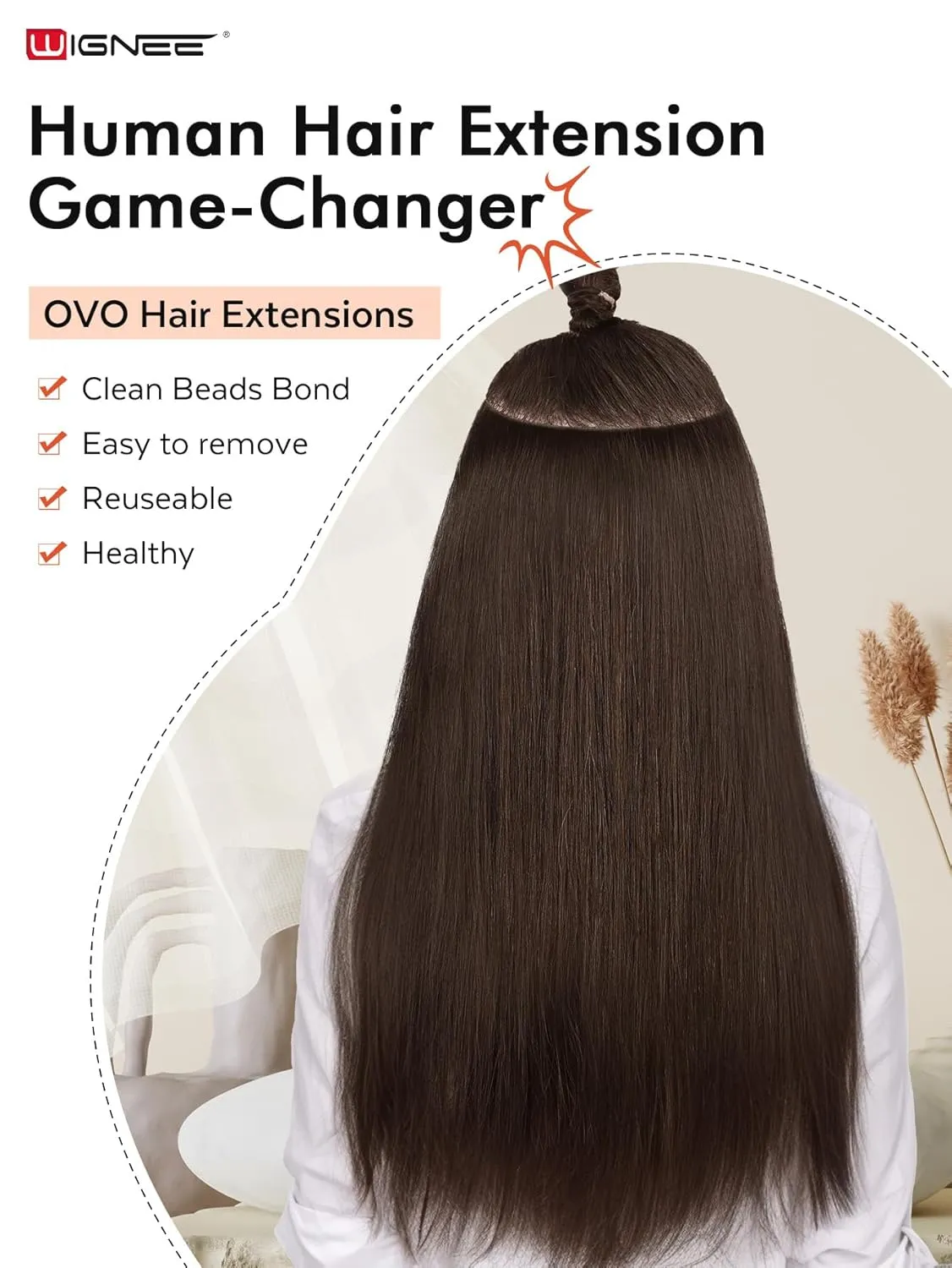 WIGNEE Double Invisible PU OVO Human Hair Extensions 100% Remy Hair Weft Brown Hair Extensions Human Hair 2 PCS 18 Inch No Glue Genius Weft Micro Bead Real Human Hair Extensions (2)