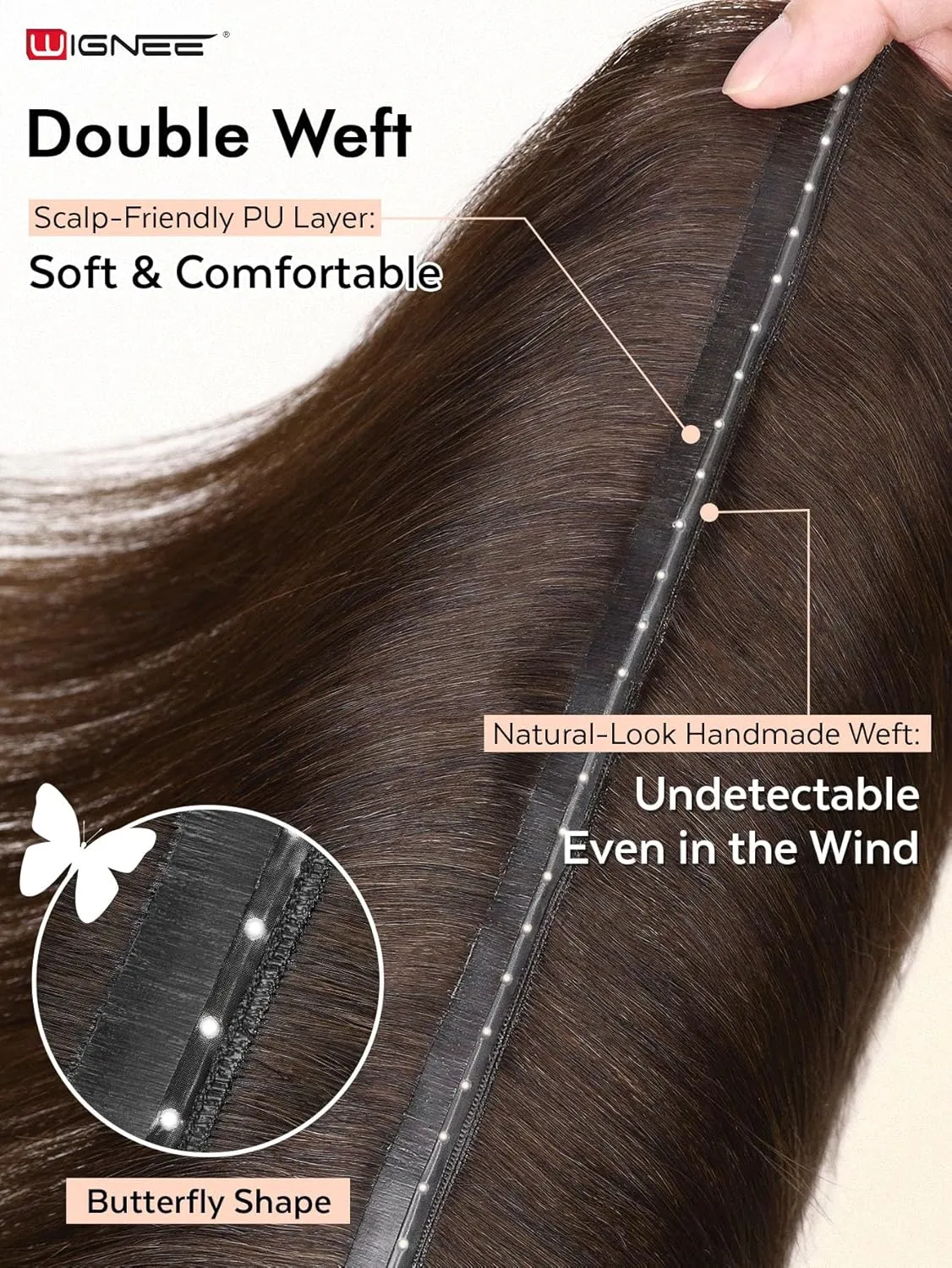 WIGNEE Double Invisible PU OVO Human Hair Extensions 100% Remy Hair Weft Brown Hair Extensions Human Hair 2 PCS 18 Inch No Glue Genius Weft Micro Bead Real Human Hair Extensions (2)