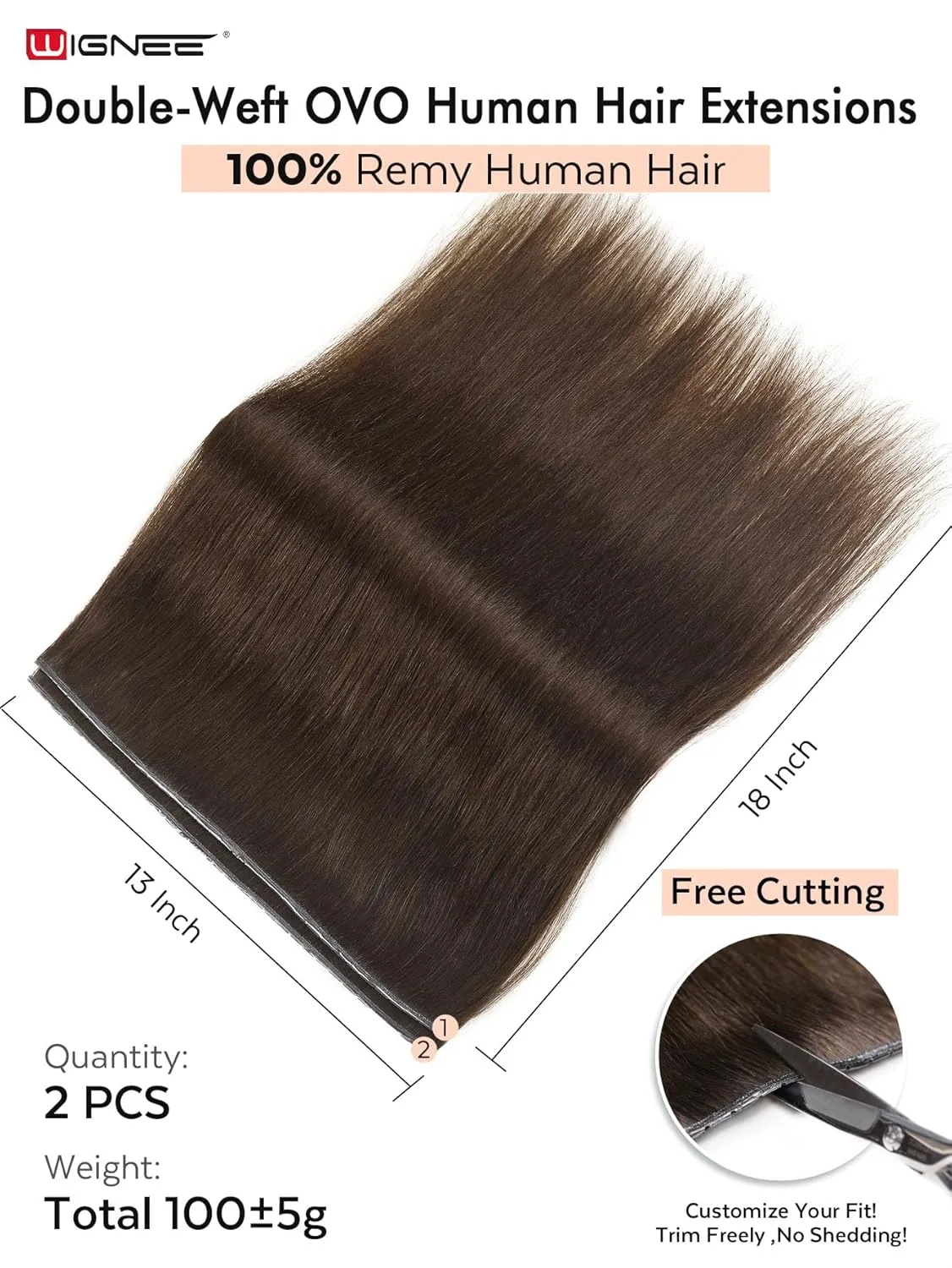 WIGNEE Double Invisible PU OVO Human Hair Extensions 100% Remy Hair Weft Brown Hair Extensions Human Hair 2 PCS 18 Inch No Glue Genius Weft Micro Bead Real Human Hair Extensions (2)