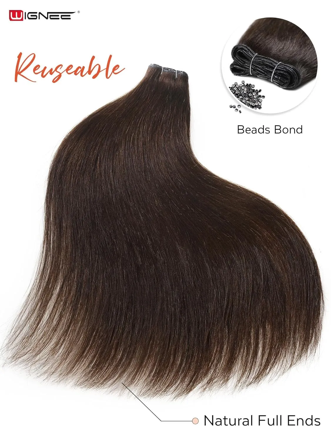 WIGNEE Double Invisible PU OVO Human Hair Extensions 100% Remy Hair Weft Brown Hair Extensions Human Hair 2 PCS 18 Inch No Glue Genius Weft Micro Bead Real Human Hair Extensions (2)