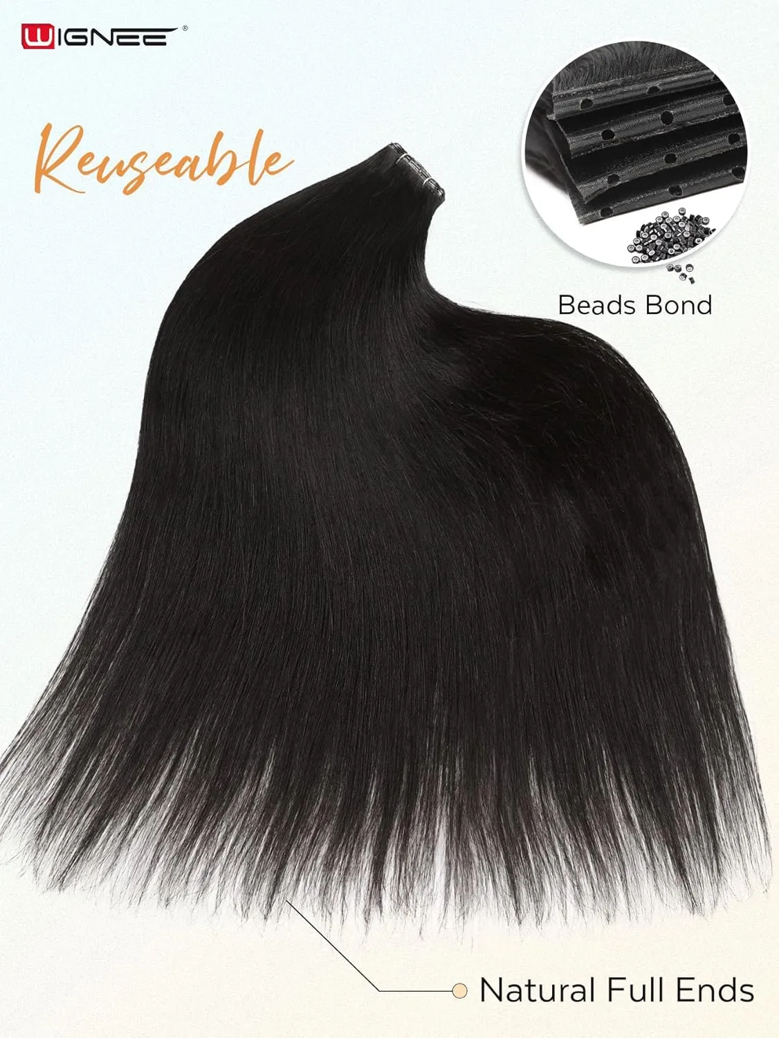 WIGNEE New Double Layered PU OVO Hair Extensions Natural Black Straight Human Hair weft with beads 100% Real Human Hair Extensions 16 Inch Seamless Micro Beads Human Hair Extensions Glueless (1B)