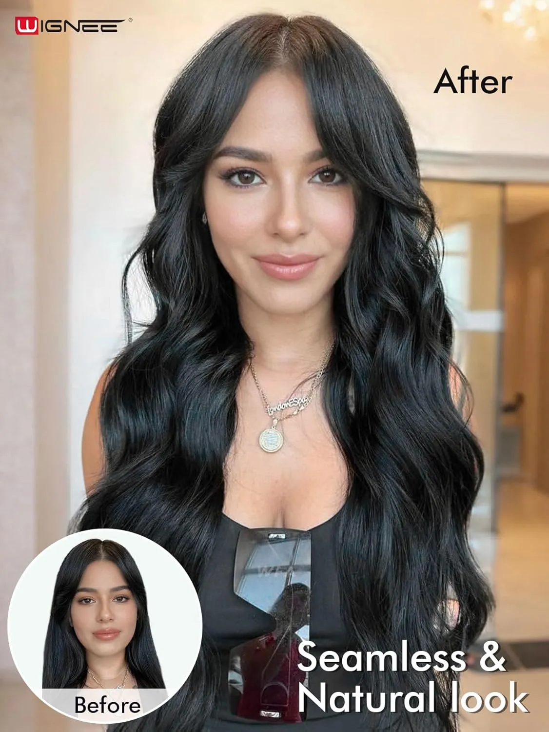 WIGNEE New Double Layered PU OVO Hair Extensions Natural Black Straight Human Hair weft with beads 100% Real Human Hair Extensions 16 Inch Seamless Micro Beads Human Hair Extensions Glueless (1B)