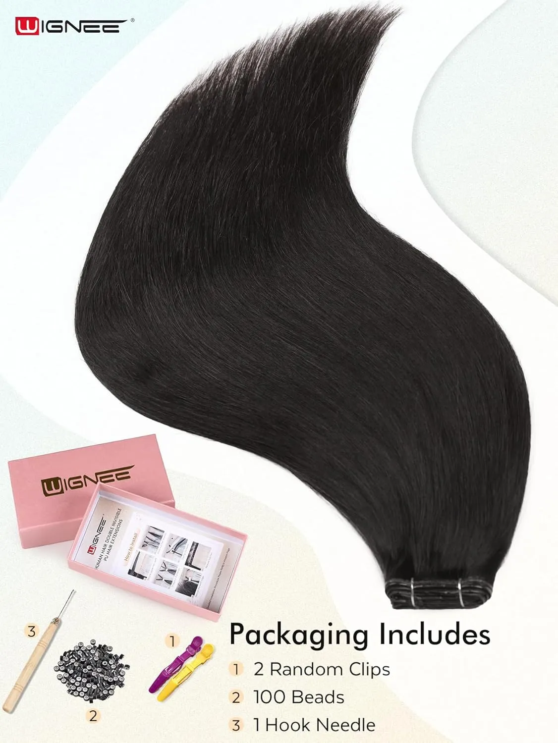 WIGNEE New Double Layered PU OVO Hair Extensions Natural Black Straight Human Hair weft with beads 100% Real Human Hair Extensions 16 Inch Seamless Micro Beads Human Hair Extensions Glueless (1B)