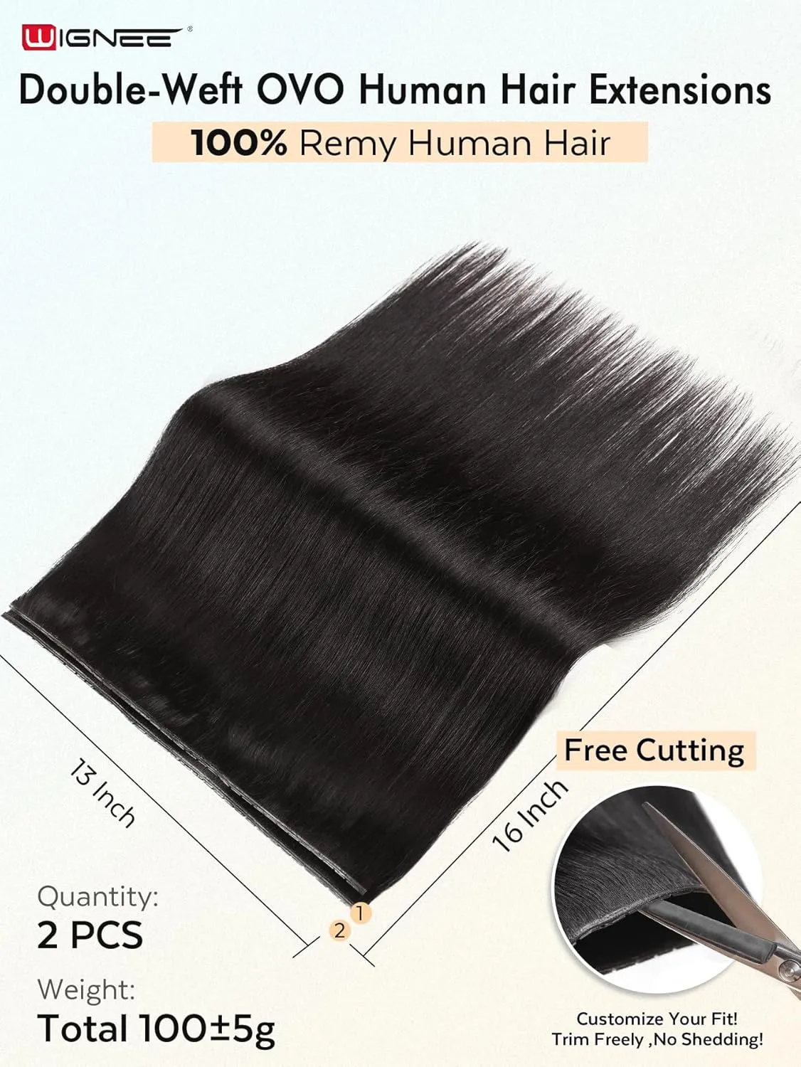 WIGNEE New Double Layered PU OVO Hair Extensions Natural Black Straight Human Hair weft with beads 100% Real Human Hair Extensions 16 Inch Seamless Micro Beads Human Hair Extensions Glueless (1B)