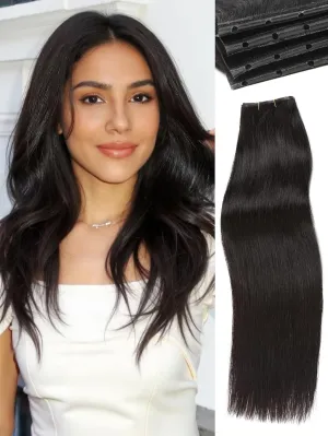 WIGNEE New Double Layered PU OVO Hair Extensions Natural Black Straight Human Hair weft with beads 100% Real Human Hair Extensions 16 Inch Seamless Micro Beads Human Hair Extensions Glueless (1B)