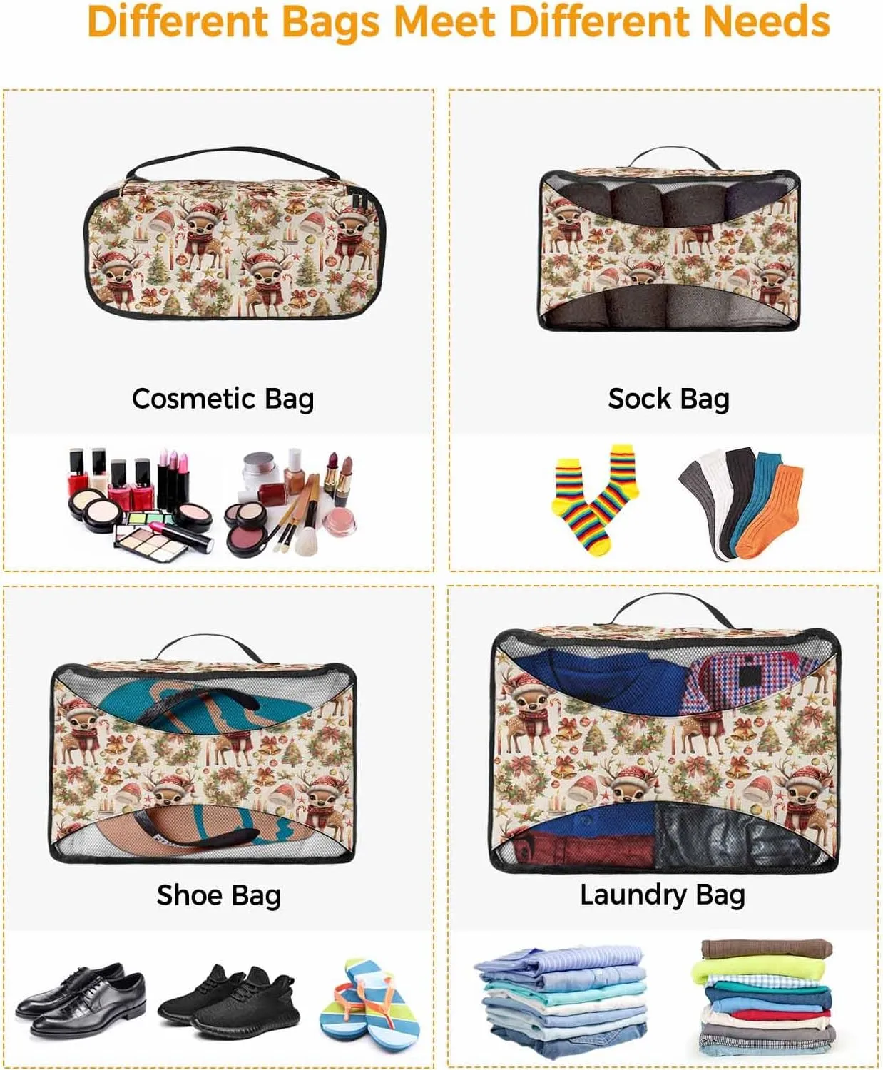 Winter Xmas Reindeer Pine Tree 4 Set Packing Cubes, Ornament Poinsettia Cedar Leaf Beige Packing Cubes for Carry on Suitcase Travel Essential Bag for Clothes Shoes Cosmetics Toiletry
