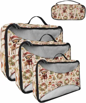 Winter Xmas Reindeer Pine Tree 4 Set Packing Cubes, Ornament Poinsettia Cedar Leaf Beige Packing Cubes for Carry on Suitcase Travel Essential Bag for Clothes Shoes Cosmetics Toiletry