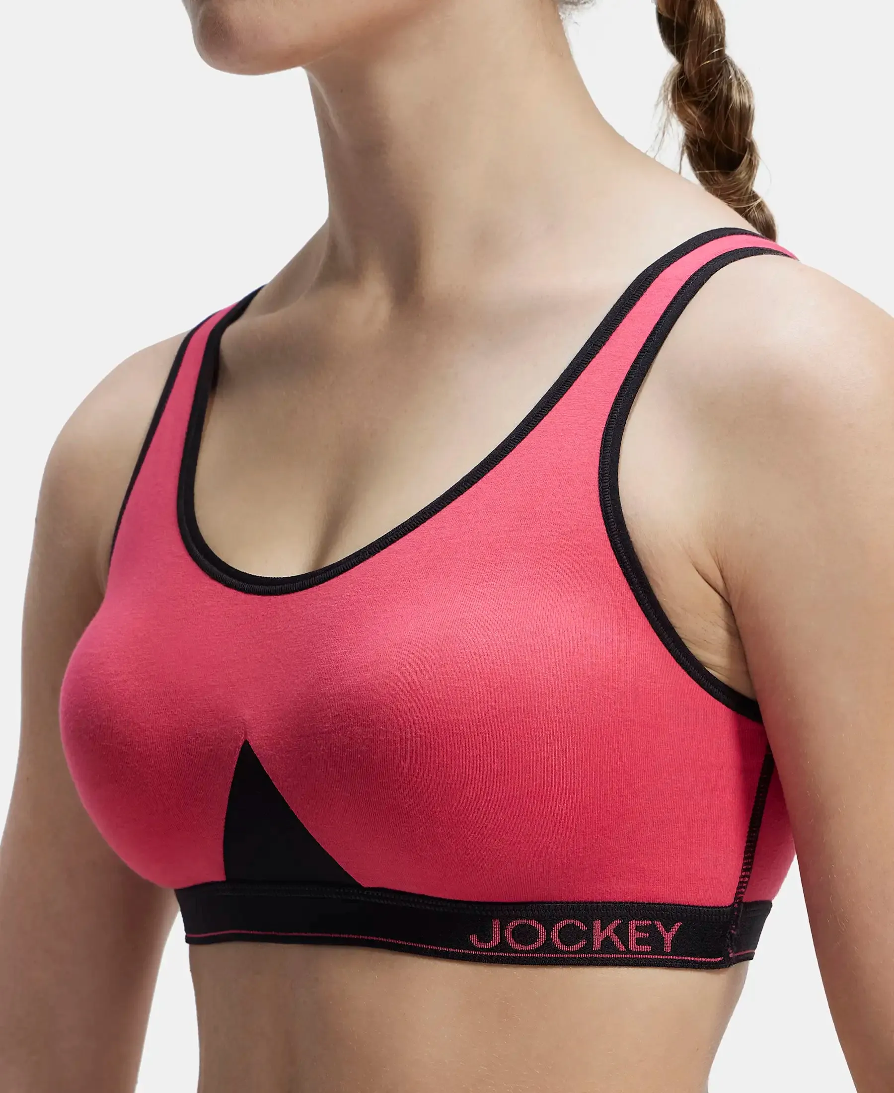 Wirefree Non Padded Super Combed Cotton Elastane Stretch Full Coverage Slip-On Active Bra with Wider Straps and Moisture Move Treatment - Ruby