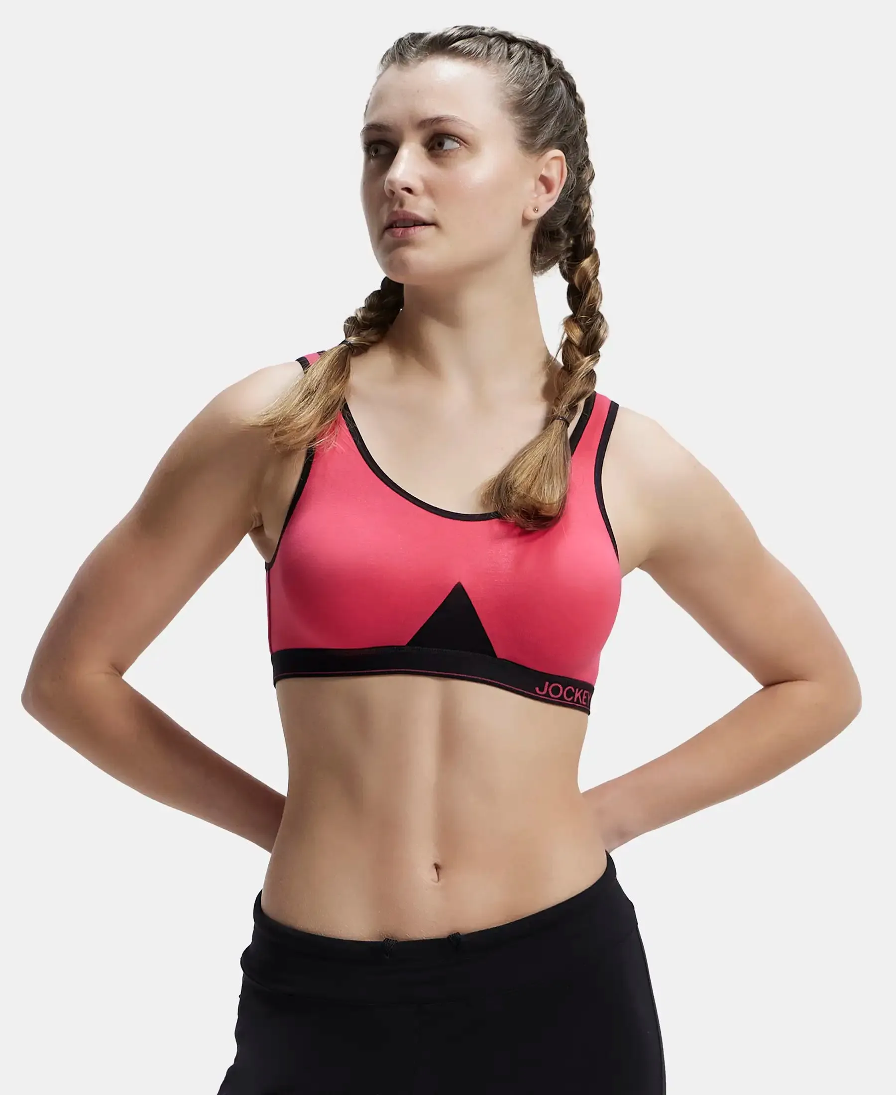 Wirefree Non Padded Super Combed Cotton Elastane Stretch Full Coverage Slip-On Active Bra with Wider Straps and Moisture Move Treatment - Ruby