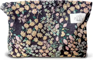 Women Aesthetic Travel Makeup Bag Accessory Zipper Pouch for Cosmetics, Purse Organizer, Embroidery Lucky Flowers Black