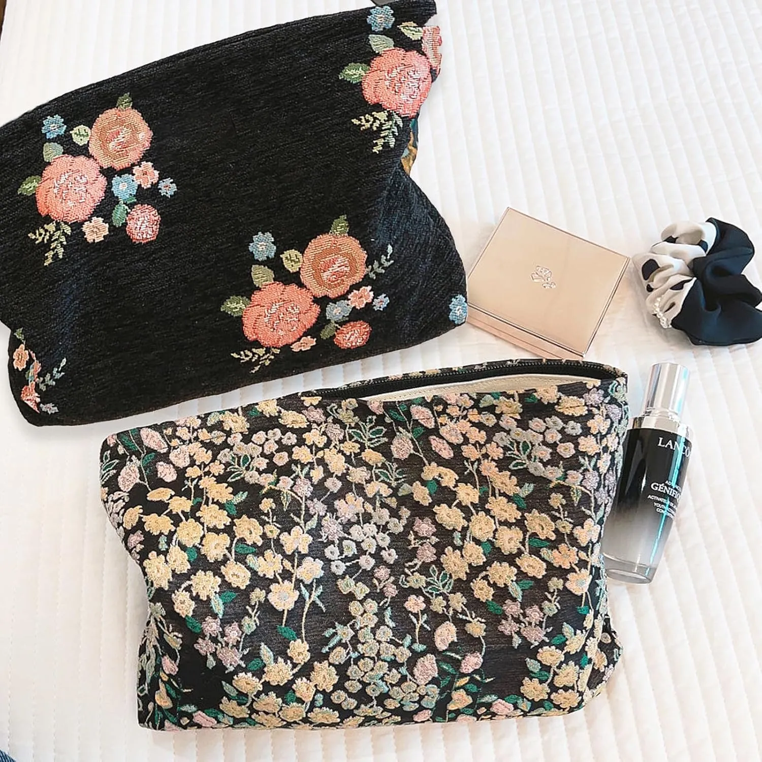 Women Aesthetic Travel Makeup Bag Accessory Zipper Pouch for Cosmetics, Purse Organizer, Embroidery Lucky Flowers Black